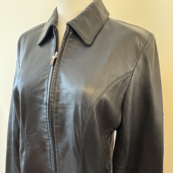 Vintage Nine West Soft Leather Jacket Women's Medium Zip Front Pockets Black - Picture 3 of 8
